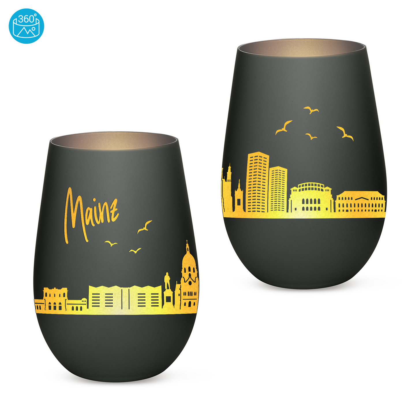 Hochwertiges Glas Windlicht mit Gravur "SKYLINE MAINZ" in der Farbe Schwarz/Silber