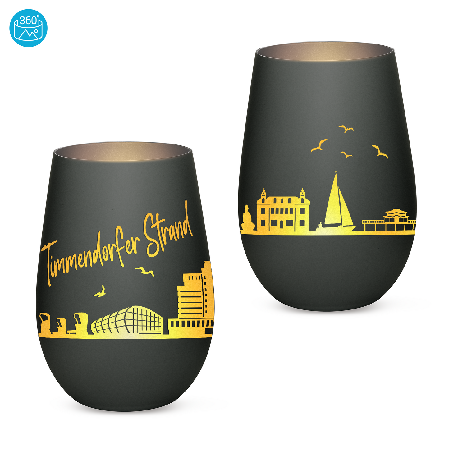 Hochwertiges Glas Windlicht mit Gravur "SKYLINE TIMMENDORFER STRAND" in der Farbe Schwarz/Silber