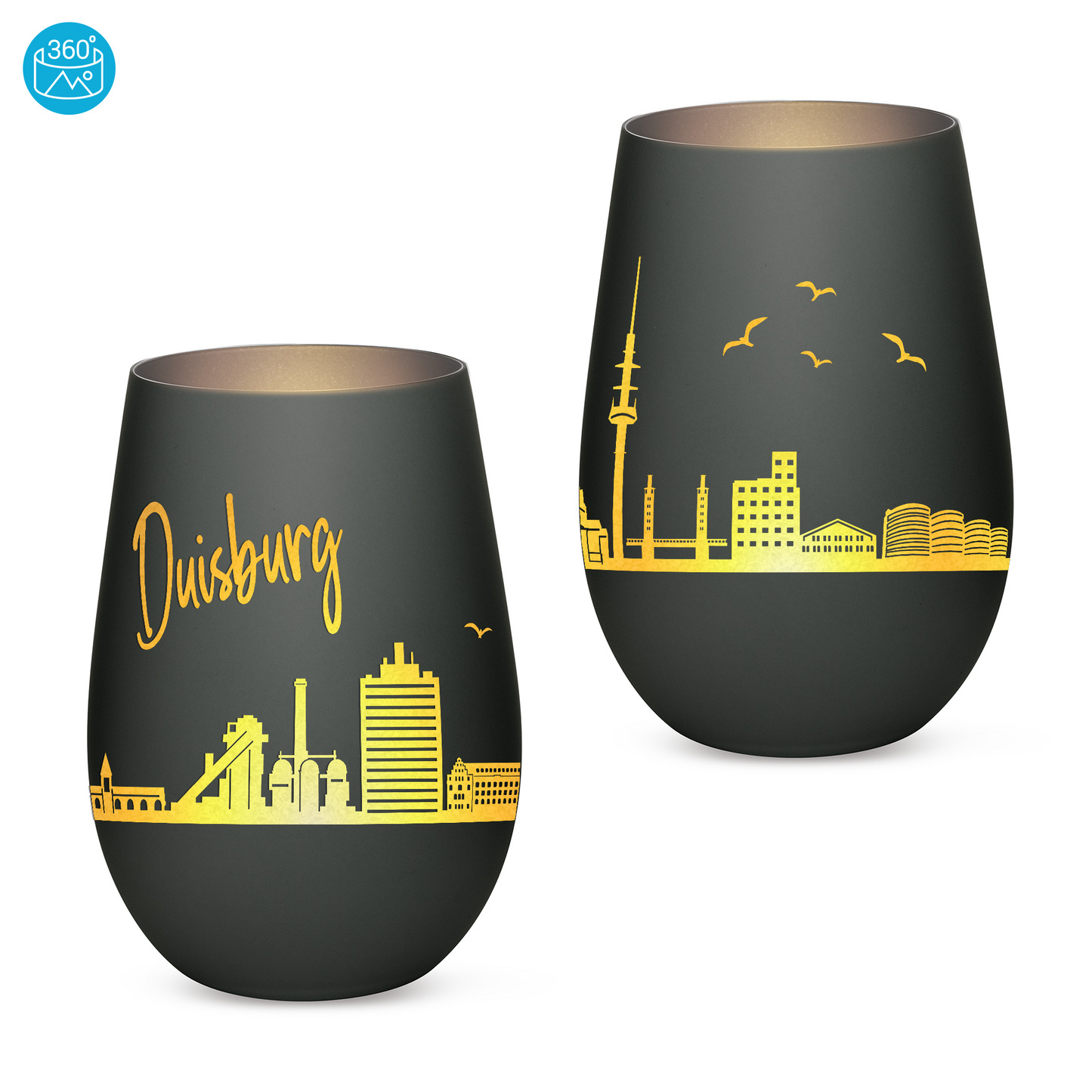 Hochwertiges Glas Windlicht mit Gravur "SKYLINE DUISBURG" in der Farbe Schwarz/Silber