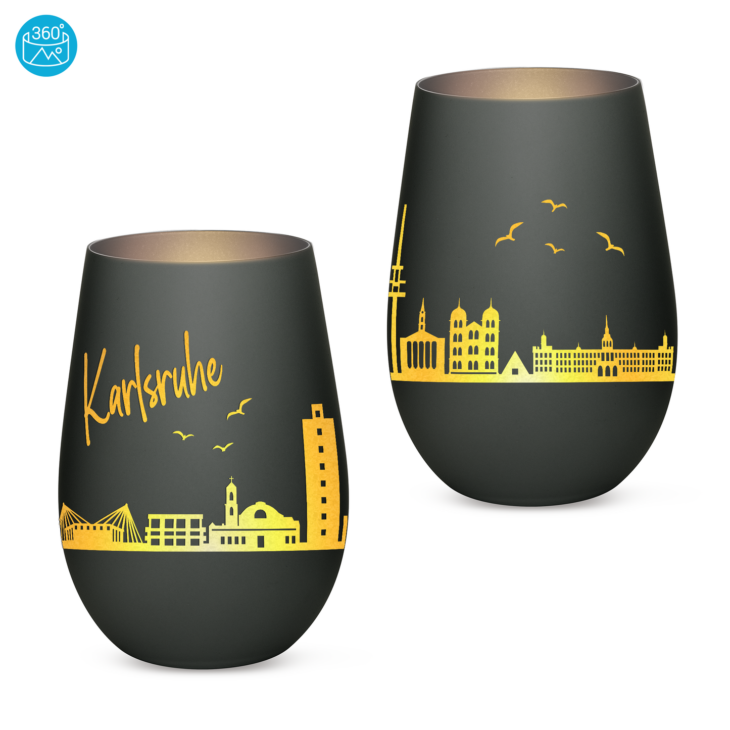 Hochwertiges Glas Windlicht mit Gravur "SKYLINE KARLSRUHE" in der Farbe Schwarz/Silber