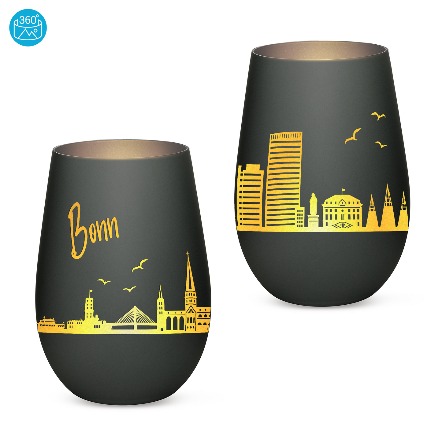 Hochwertiges Glas Windlicht mit Gravur "SKYLINE BONN" in der Farbe Schwarz/Silber