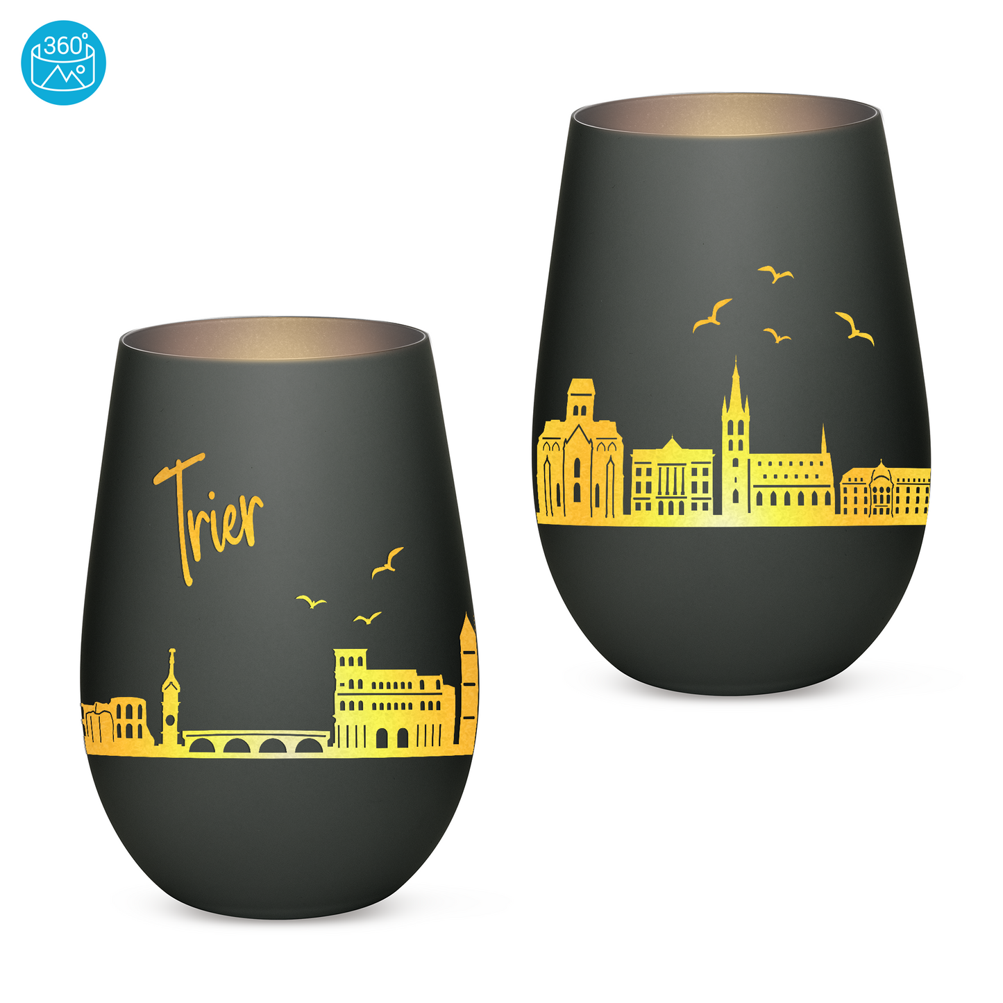 Hochwertiges Glas Windlicht mit Gravur "SKYLINE TRIER" in der Farbe Schwarz/Silber