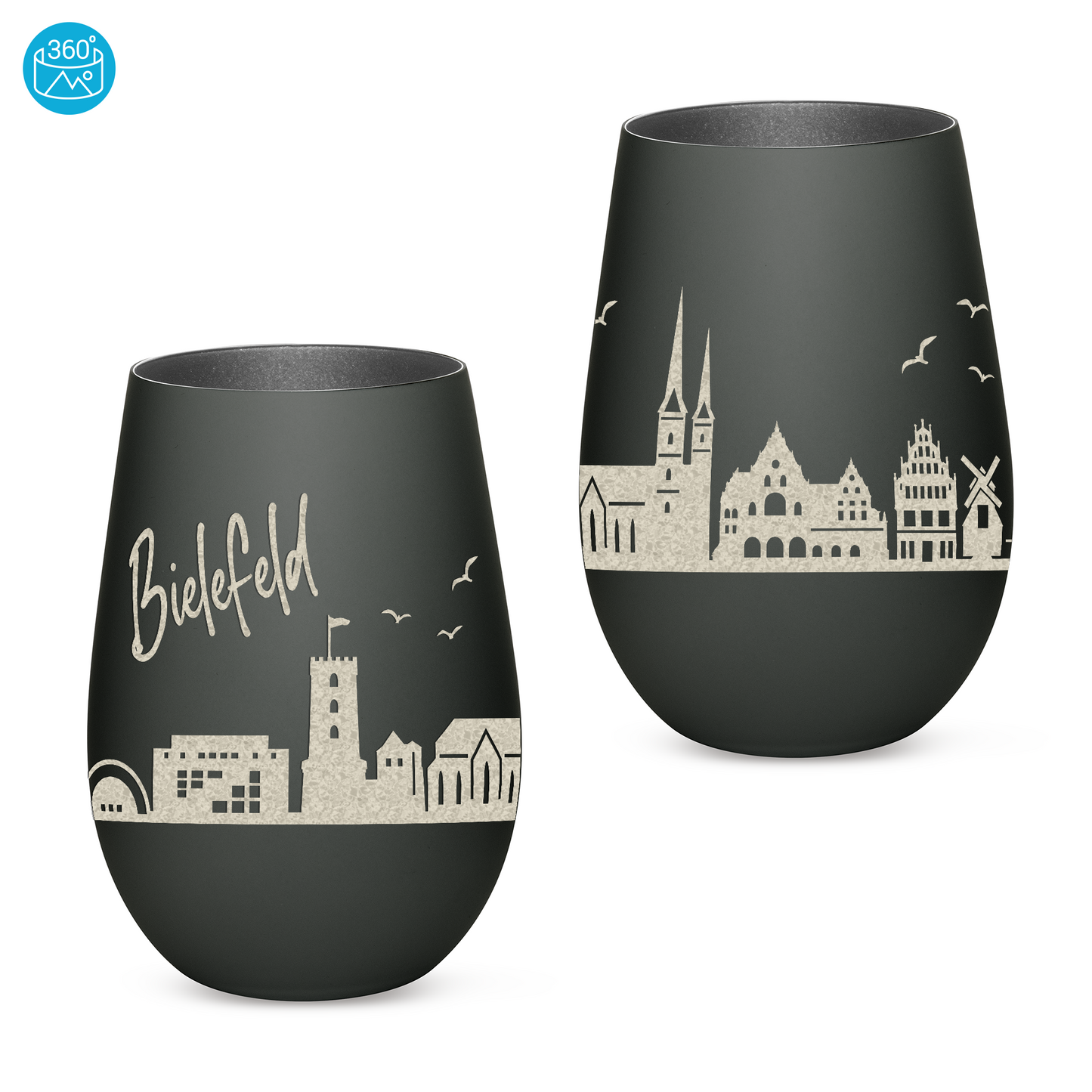 Hochwertiges Glas Windlicht mit Gravur "SKYLINE BIELEFELD" in der Farbe Schwarz/Silber