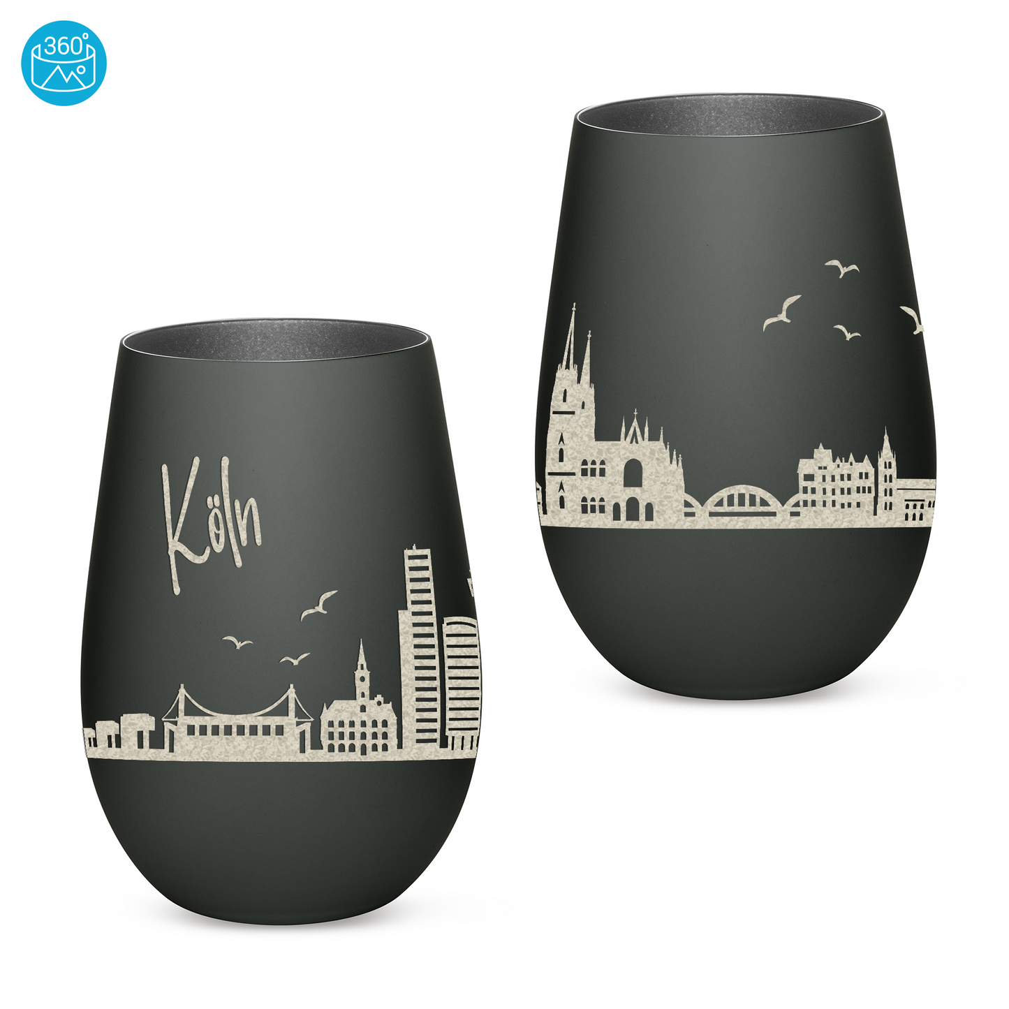Hochwertiges Glas Windlicht mit Gravur "SKYLINE KÖLN" in der Farbe Schwarz/Silber