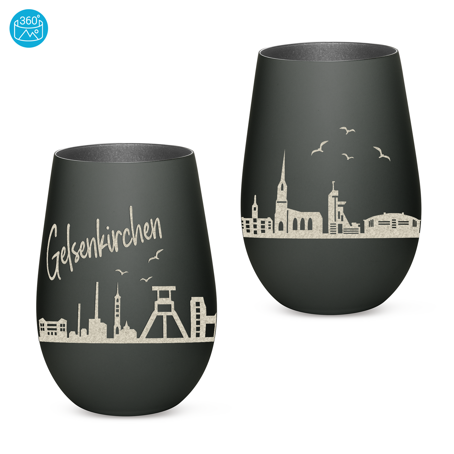 Hochwertiges Glas Windlicht mit Gravur "SKYLINE GELSENKIRCHEN" in der Farbe Schwarz/Silber