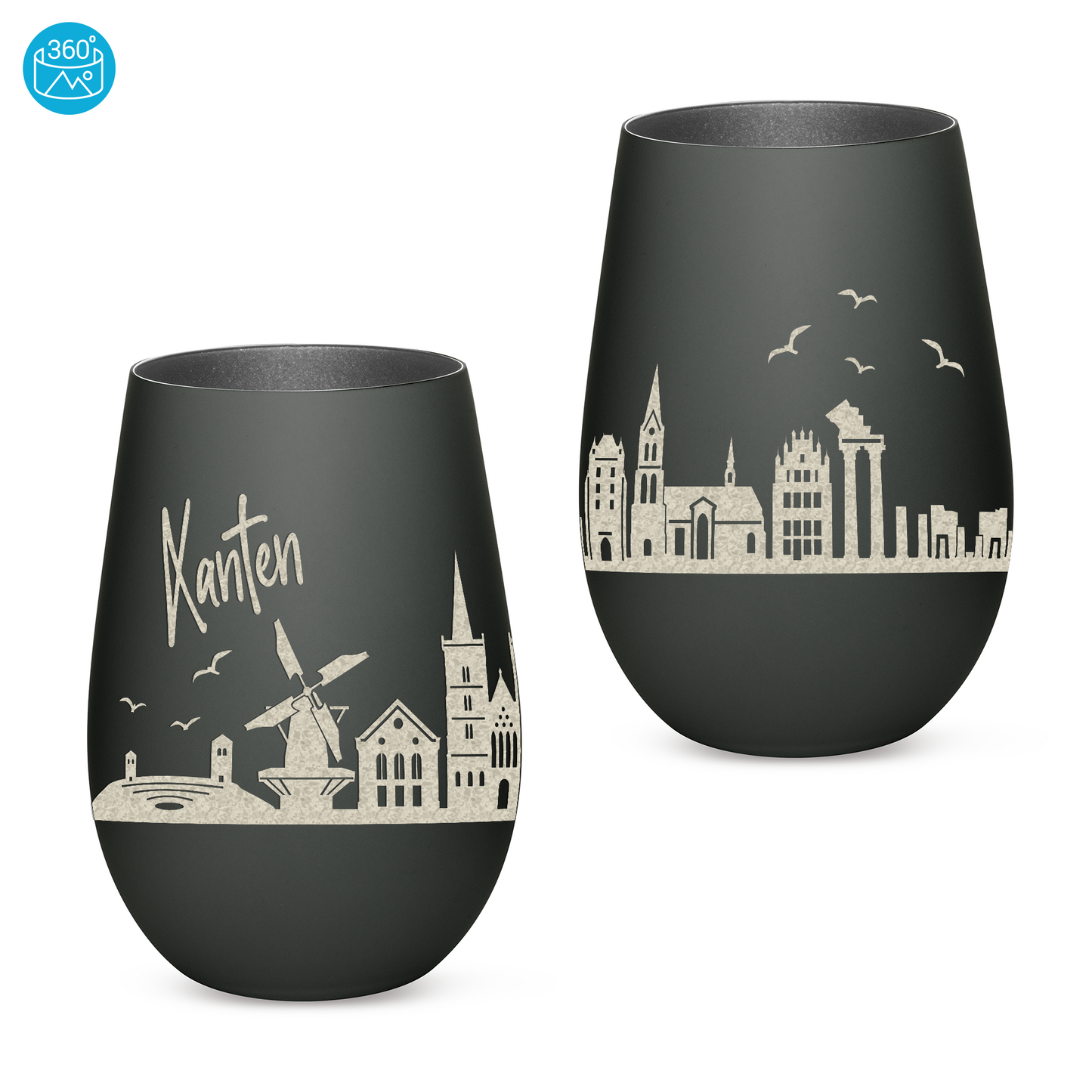 Hochwertiges Glas Windlicht mit Gravur "SKYLINE XANTEN" in der Farbe Schwarz/Silber