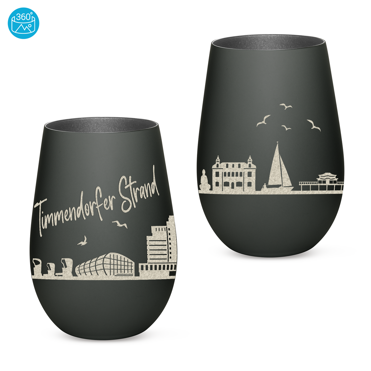 Hochwertiges Glas Windlicht mit Gravur "SKYLINE TIMMENDORFER STRAND" in der Farbe Schwarz/Silber