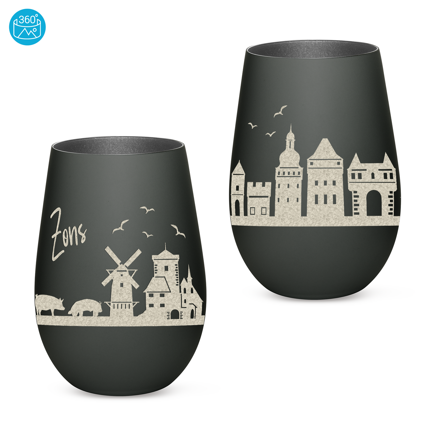 Hochwertiges Glas Windlicht mit Gravur "SKYLINE ZONS (DORMAGEN)" in der Farbe Schwarz/Silber