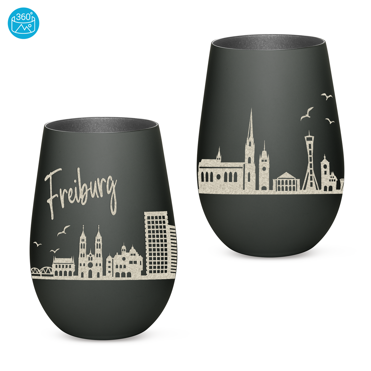 Hochwertiges Glas Windlicht mit Gravur "SKYLINE FREIBURG" in der Farbe Schwarz/Silber