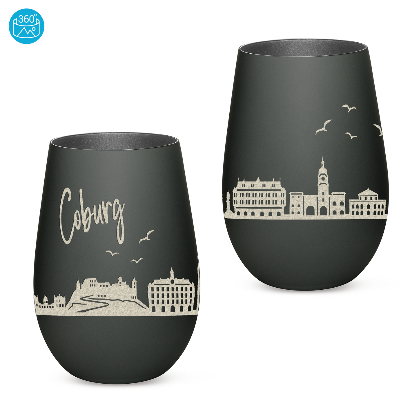 Hochwertiges Glas Windlicht mit Gravur "SKYLINE COBURG" in der Farbe Schwarz/Silber