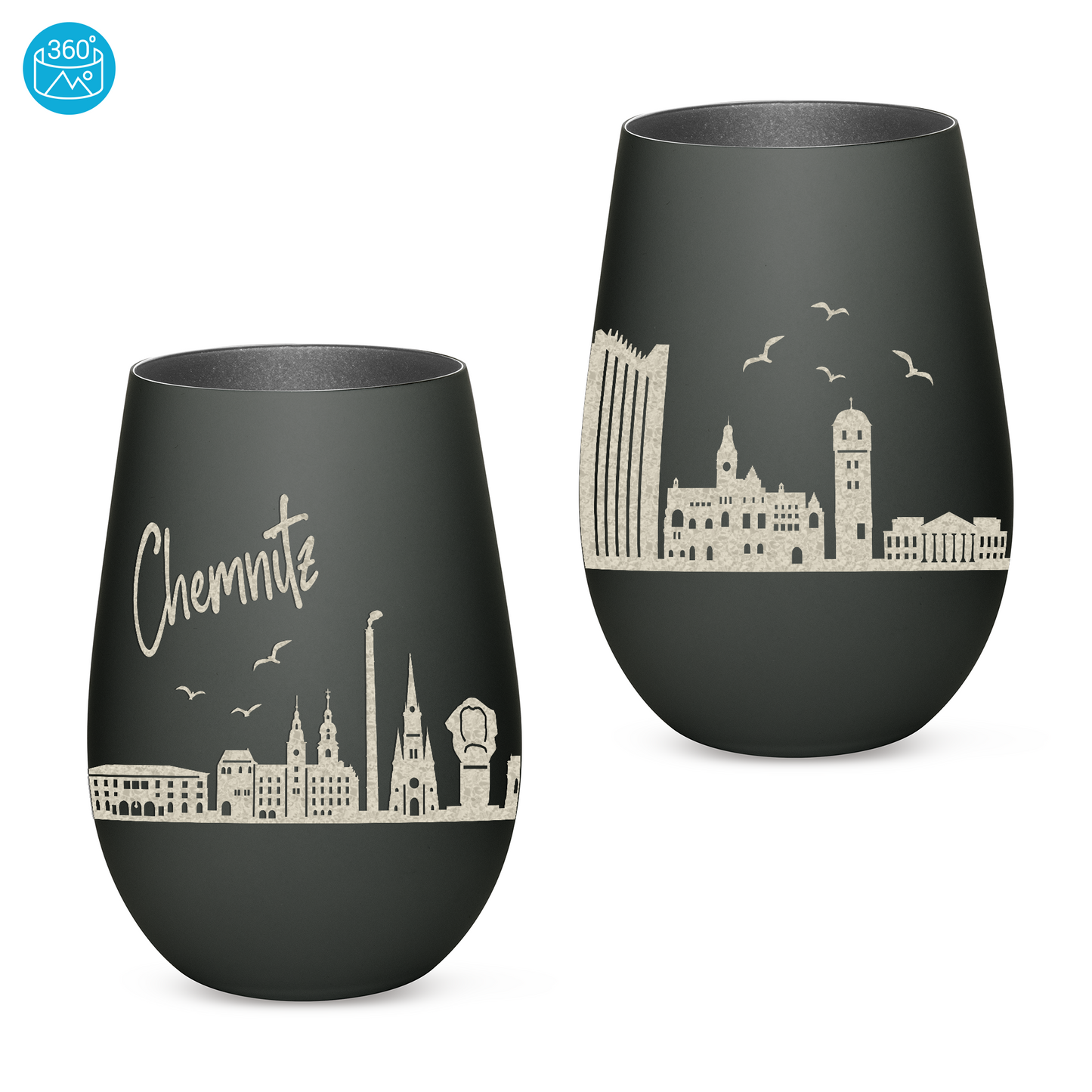 Hochwertiges Glas Windlicht mit Gravur "SKYLINE CHEMNITZ" in der Farbe Schwarz/Silber