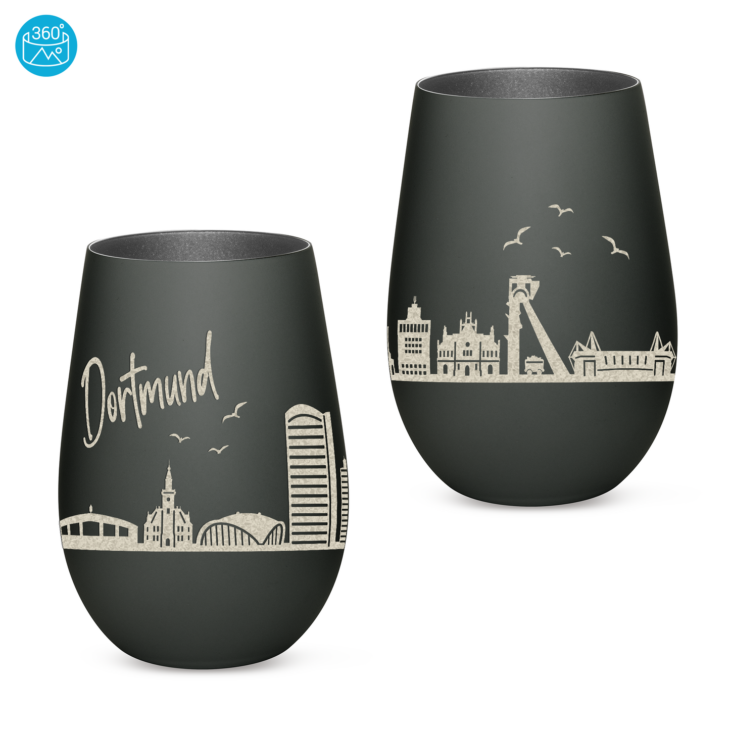Hochwertiges Glas Windlicht mit Gravur "SKYLINE DORTMUND" in der Farbe Schwarz/Silber