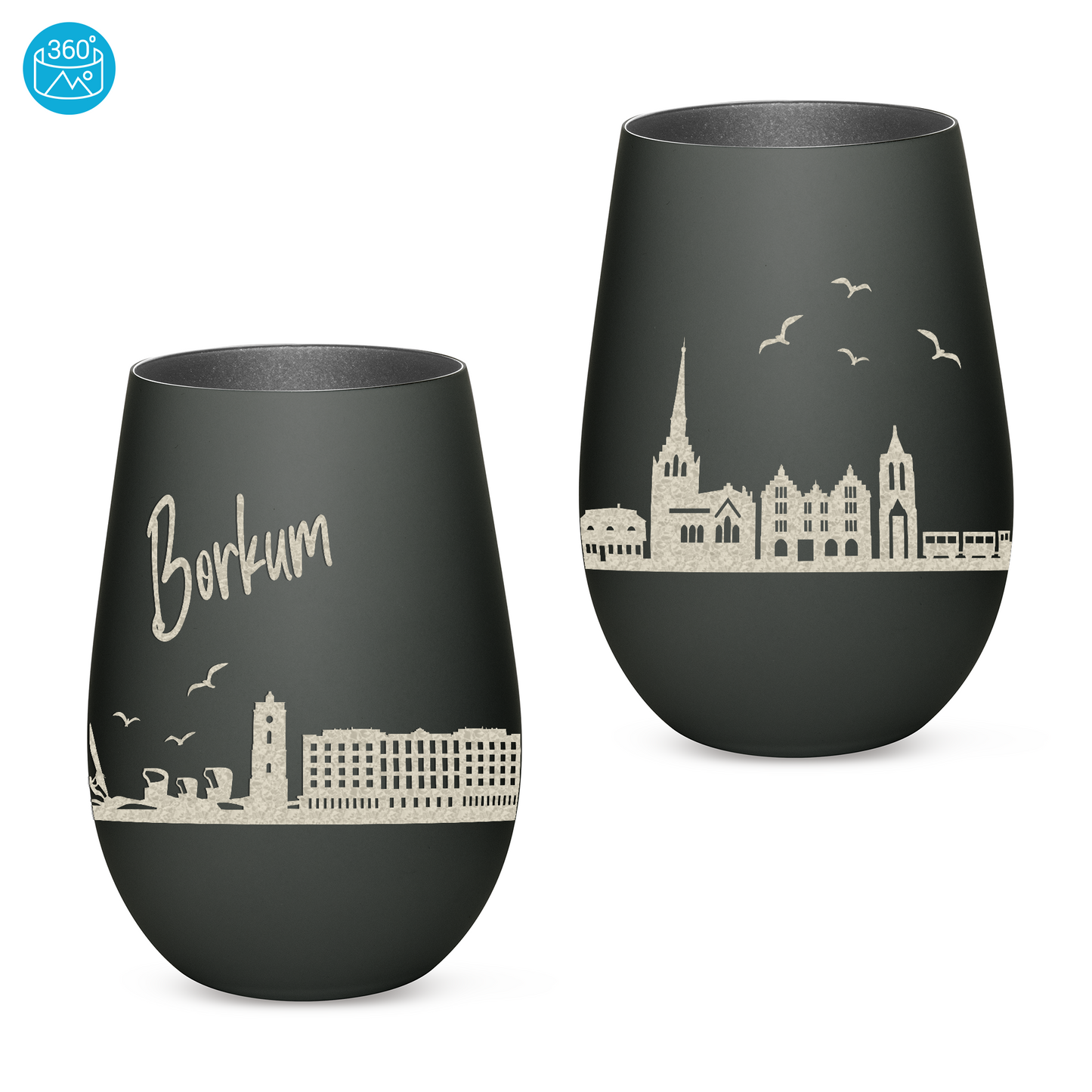 Hochwertiges Glas Windlicht mit Gravur "SKYLINE BORKUM" in der Farbe Schwarz/Silber