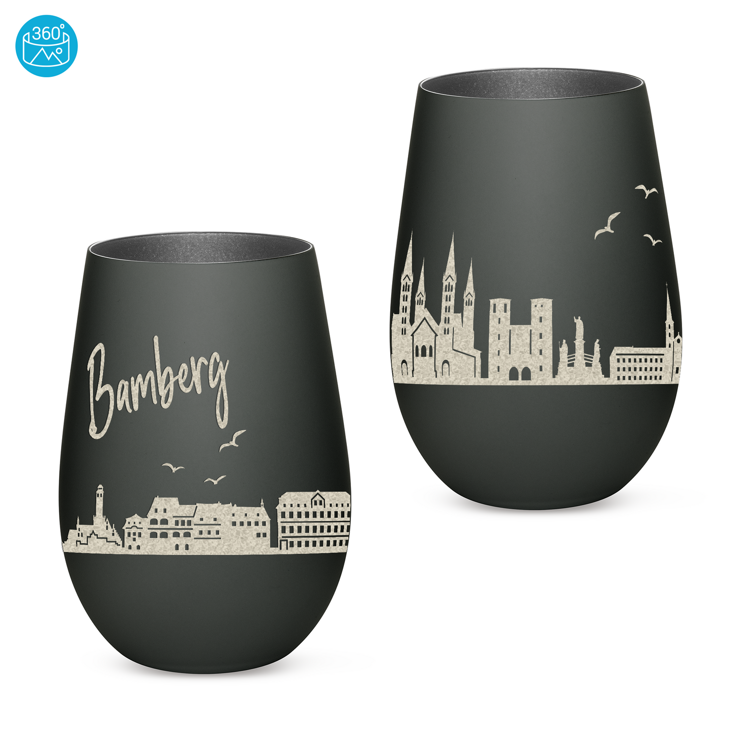 Hochwertiges Glas Windlicht mit Gravur "SKYLINE BAMBERG" in der Farbe Schwarz/Silber
