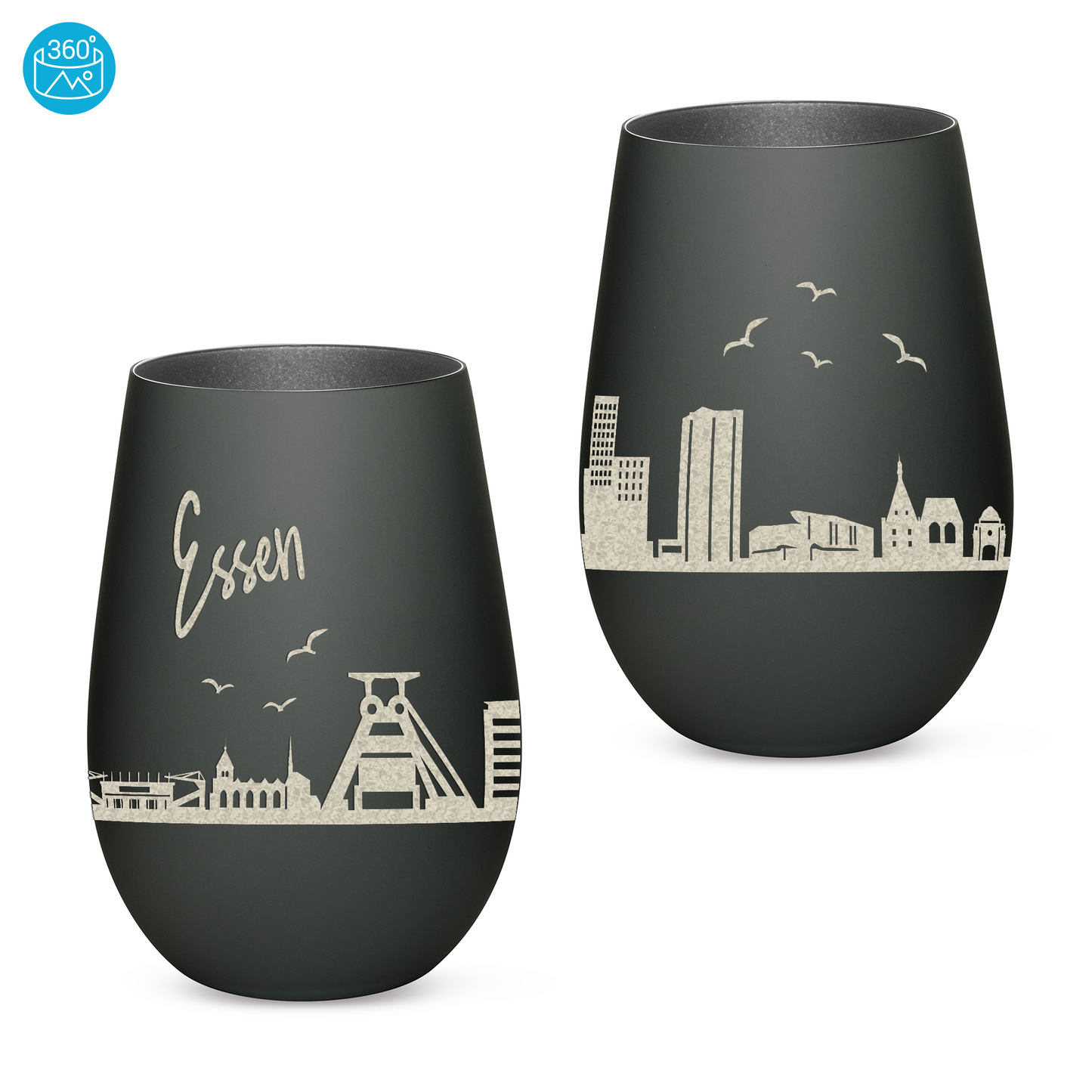 Hochwertiges Glas Windlicht mit Gravur "SKYLINE ESSEN" in der Farbe Schwarz/Silber