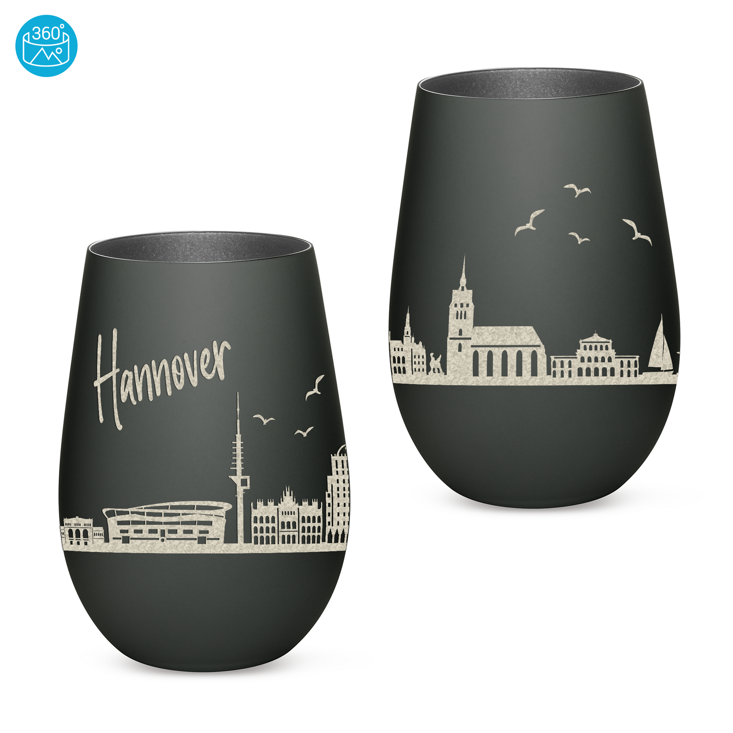 Hochwertiges Glas Windlicht mit Gravur "SKYLINE HANNOVER" in der Farbe Schwarz/Silber