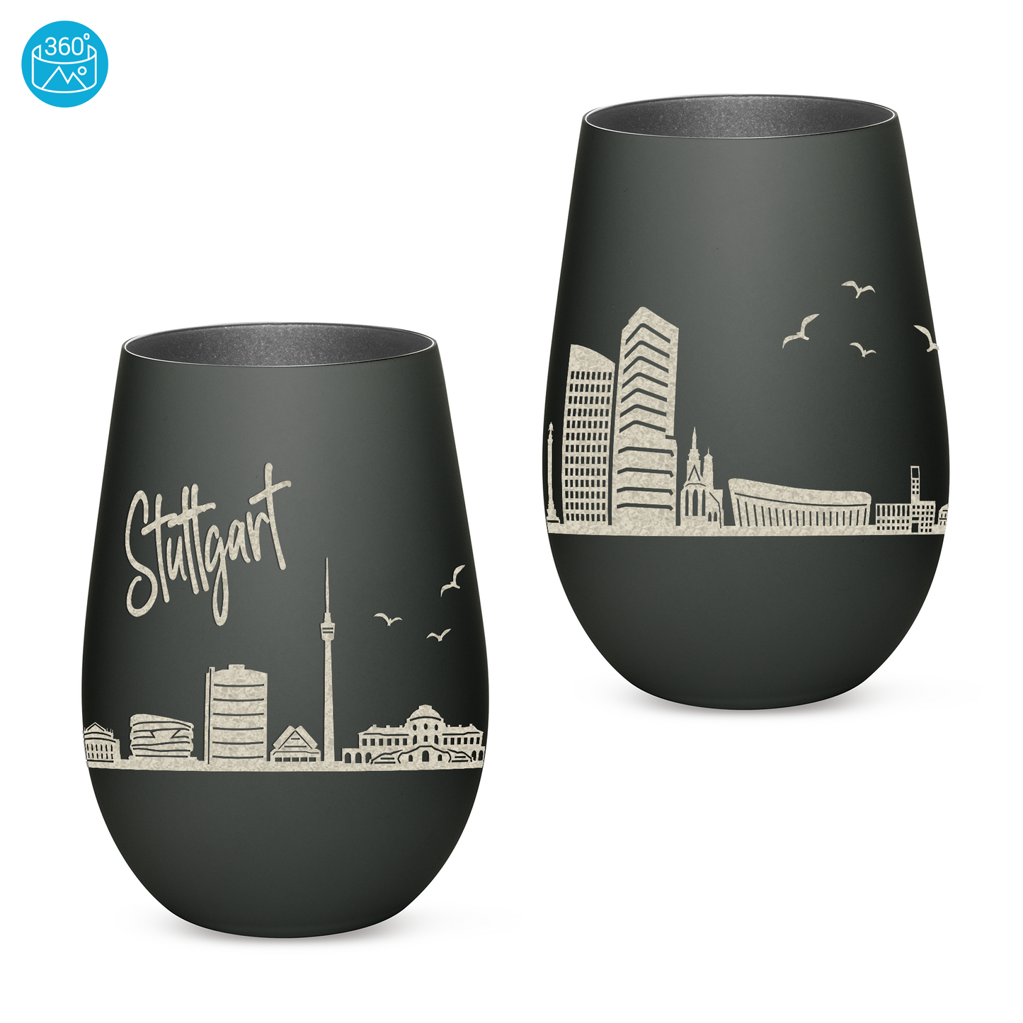 Hochwertiges Glas Windlicht mit Gravur "SKYLINE STUTTGART" in der Farbe Schwarz/Silber