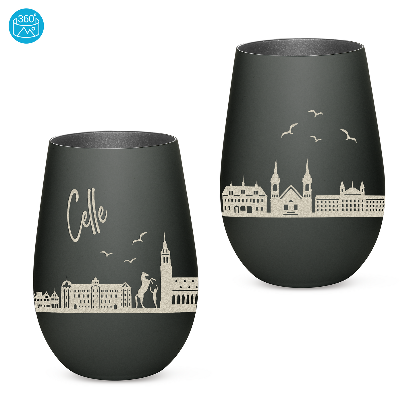 Hochwertiges Glas Windlicht mit Gravur "SKYLINE CELLE" in der Farbe Schwarz/Silber