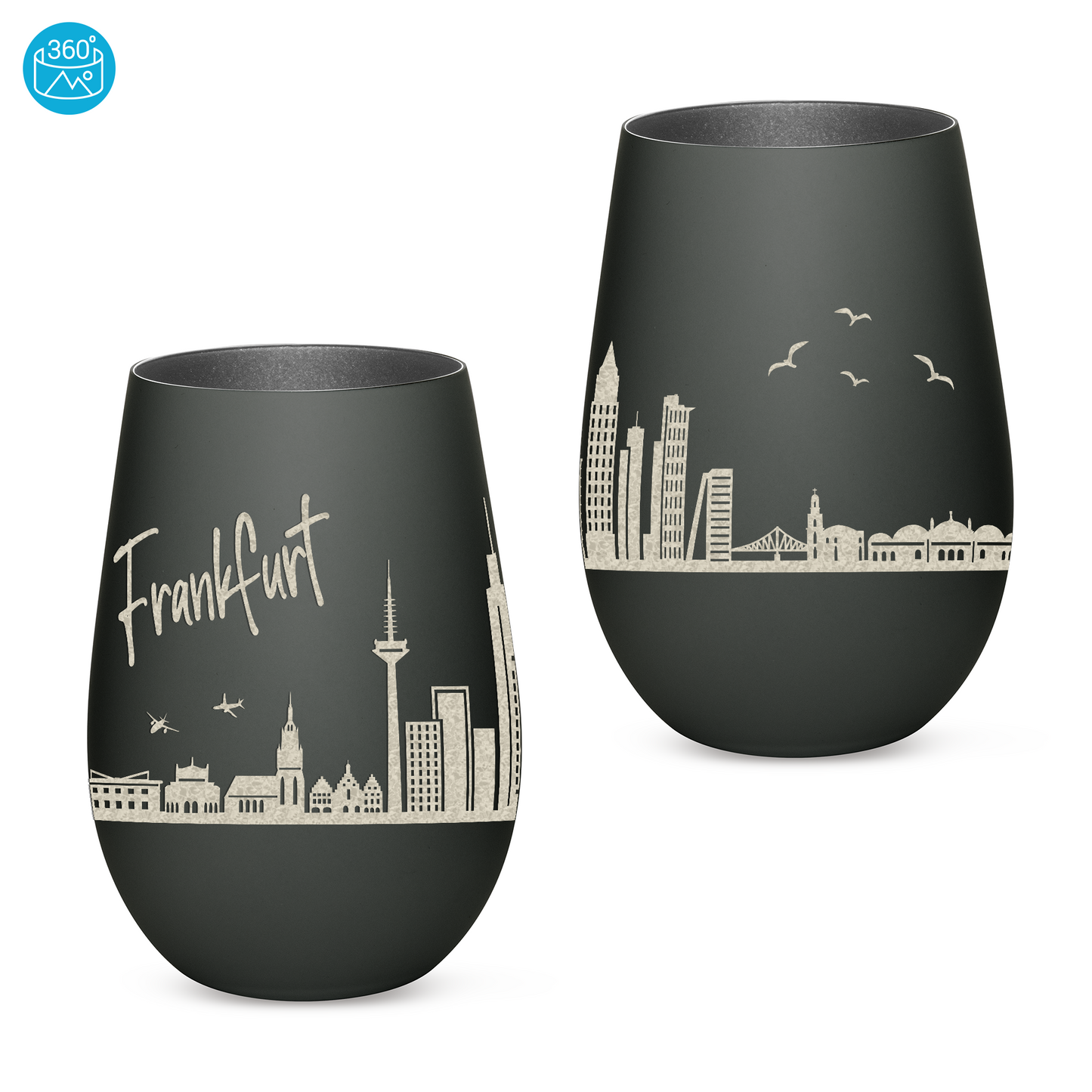 Hochwertiges Glas Windlicht mit Gravur "SKYLINE FRANKFURT" in der Farbe Schwarz/Silber