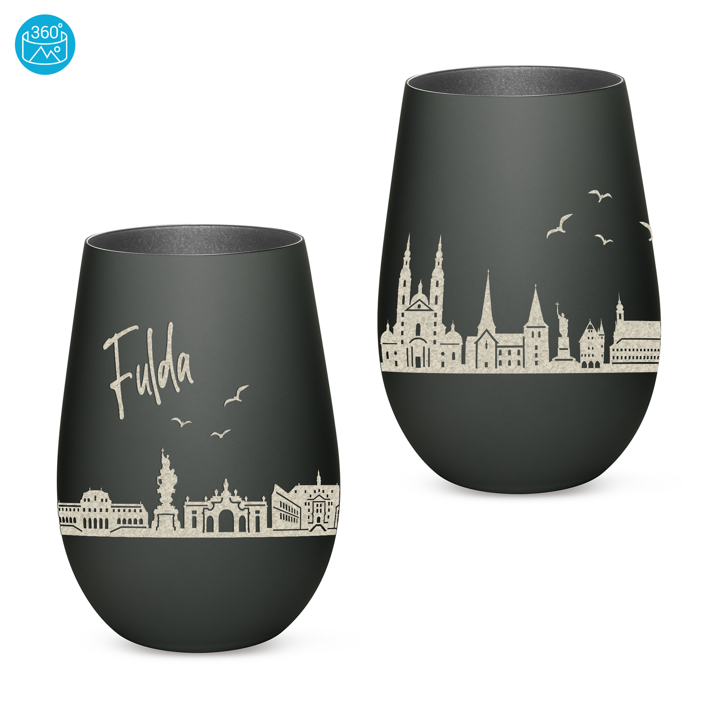 Hochwertiges Glas Windlicht mit Gravur "SKYLINE FULDA" in der Farbe Schwarz/Silber