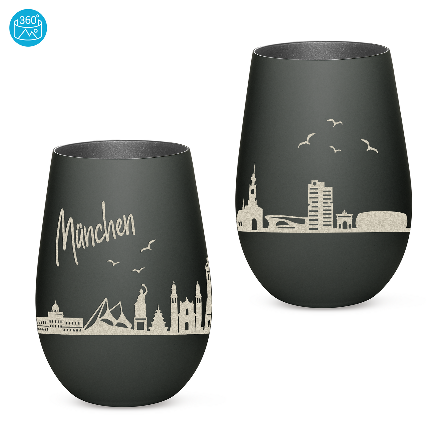 Hochwertiges Glas Windlicht mit Gravur "SKYLINE MÜNCHEN" in der Farbe Schwarz/Silber