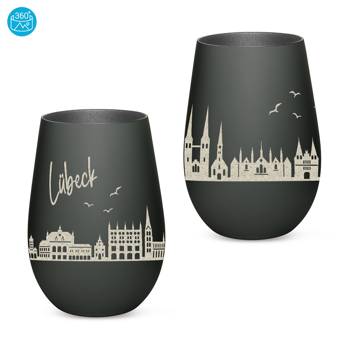 Hochwertiges Glas Windlicht mit Gravur "SKYLINE LÜBECK" in der Farbe Schwarz/Silber