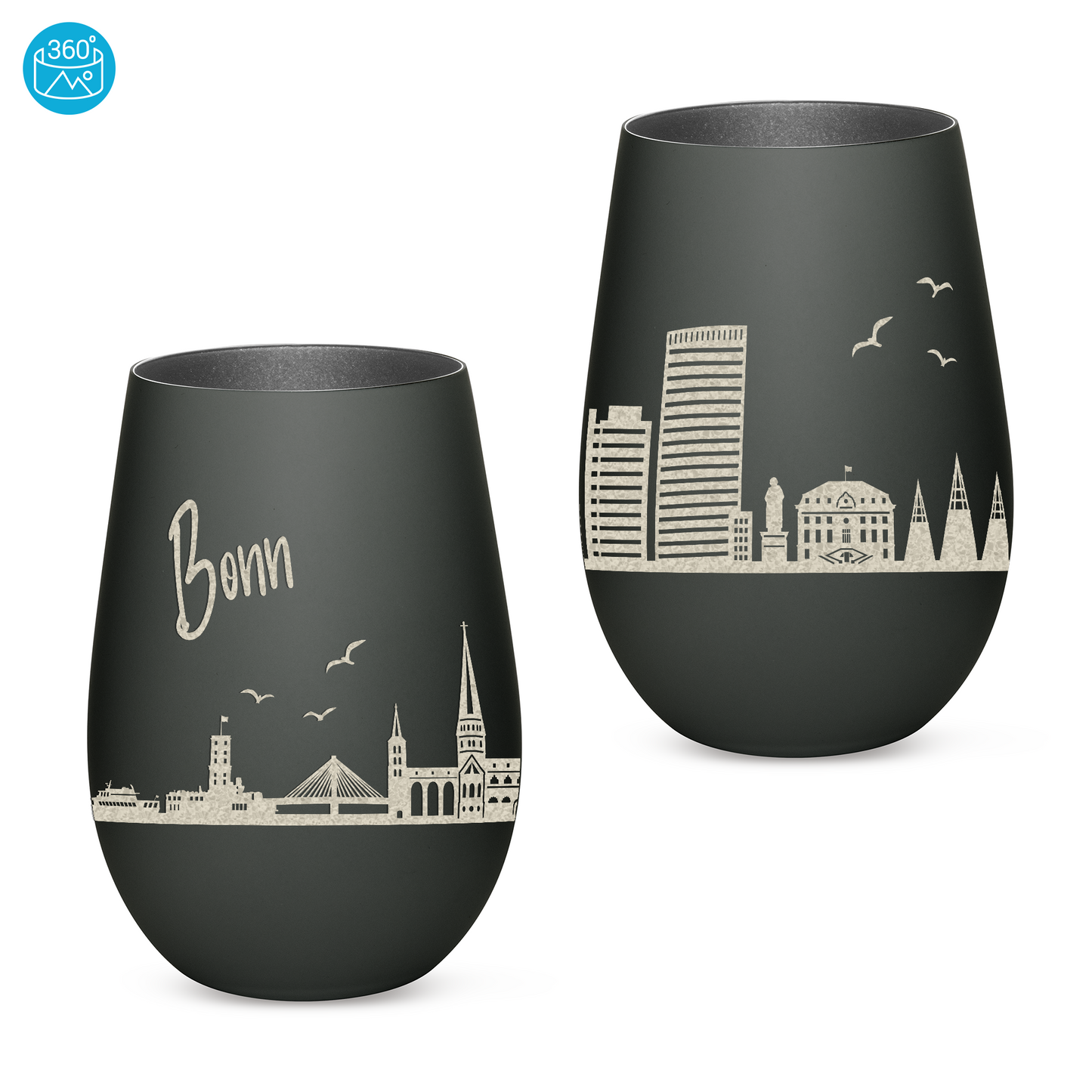 Hochwertiges Glas Windlicht mit Gravur "SKYLINE BONN" in der Farbe Schwarz/Silber