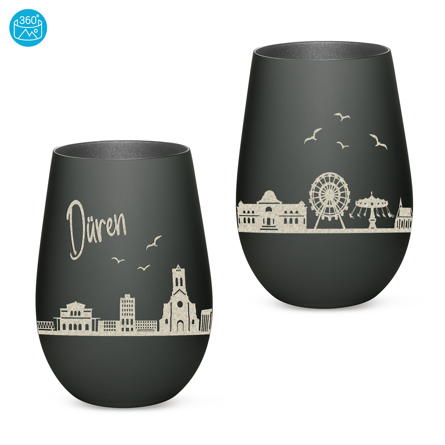 Hochwertiges Glas Windlicht mit Gravur "SKYLINE DÜREN" in der Farbe Schwarz/Silber