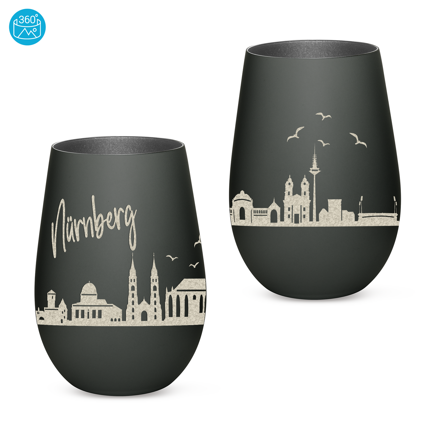 Hochwertiges Glas Windlicht mit Gravur "SKYLINE NÜRNBERG" in der Farbe Schwarz/Silber