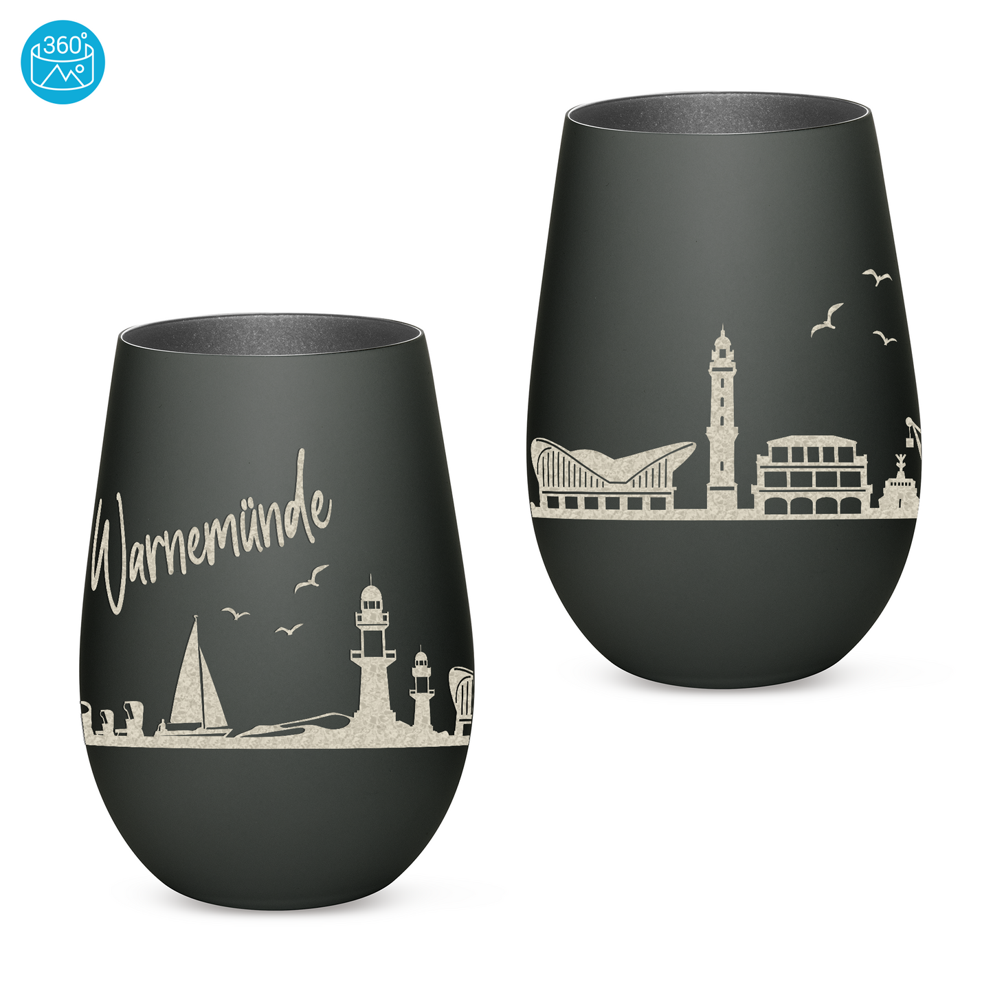 Hochwertiges Glas Windlicht mit Gravur "SKYLINE WARNEMÜNDE" in der Farbe Schwarz/Silber