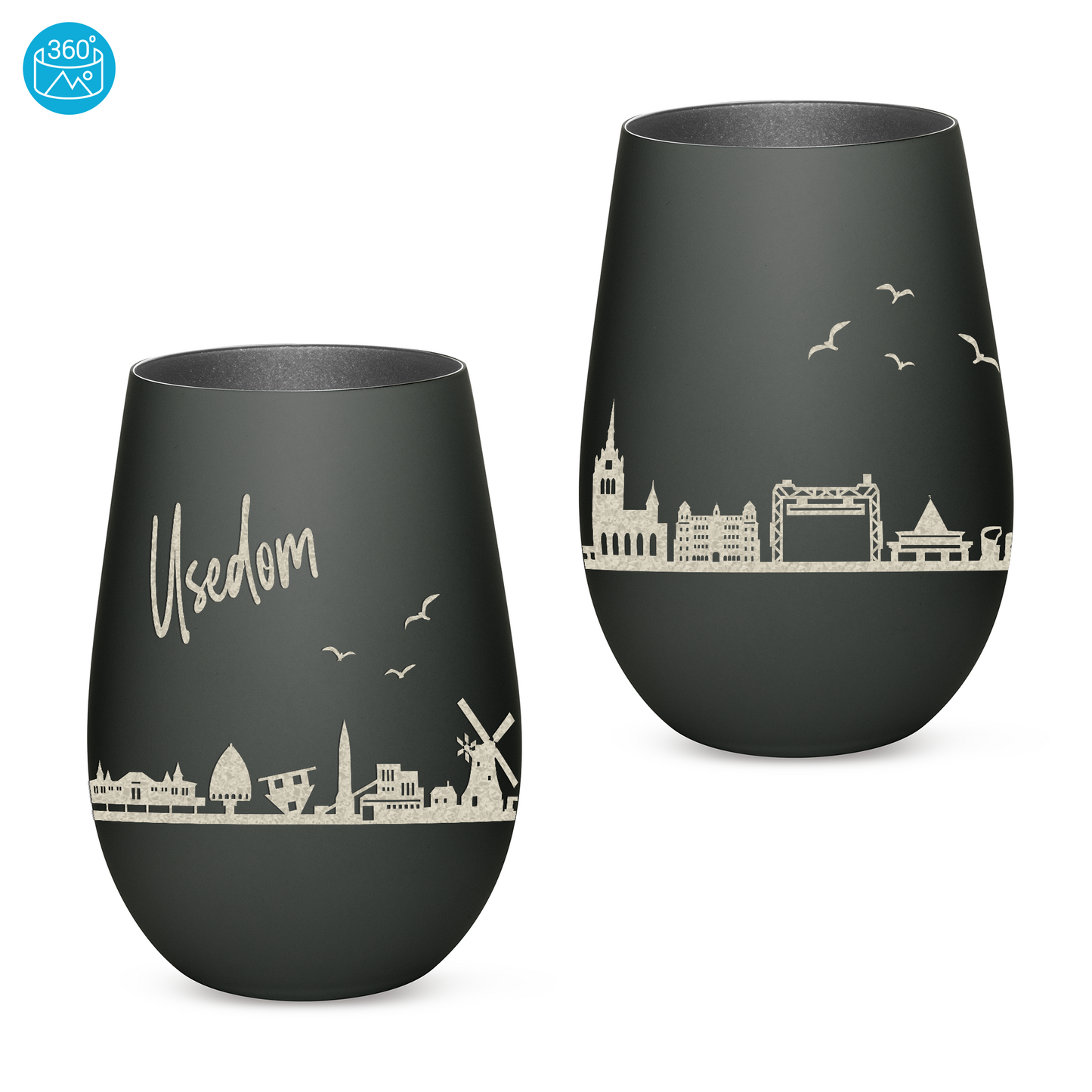 Hochwertiges Glas Windlicht mit Gravur "SKYLINE USEDOM" in der Farbe Schwarz/Silber