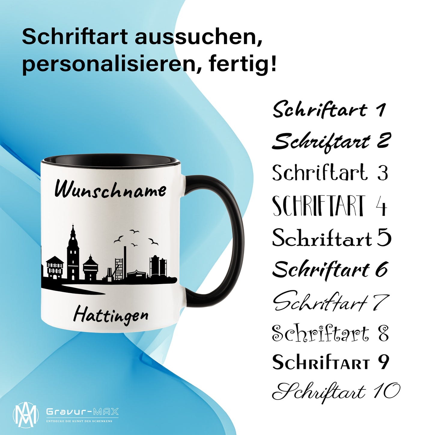 Tasse in Schwarz 330ml bedruckt mit der Skyline von Hattingen personalisierbar mit Wunschname