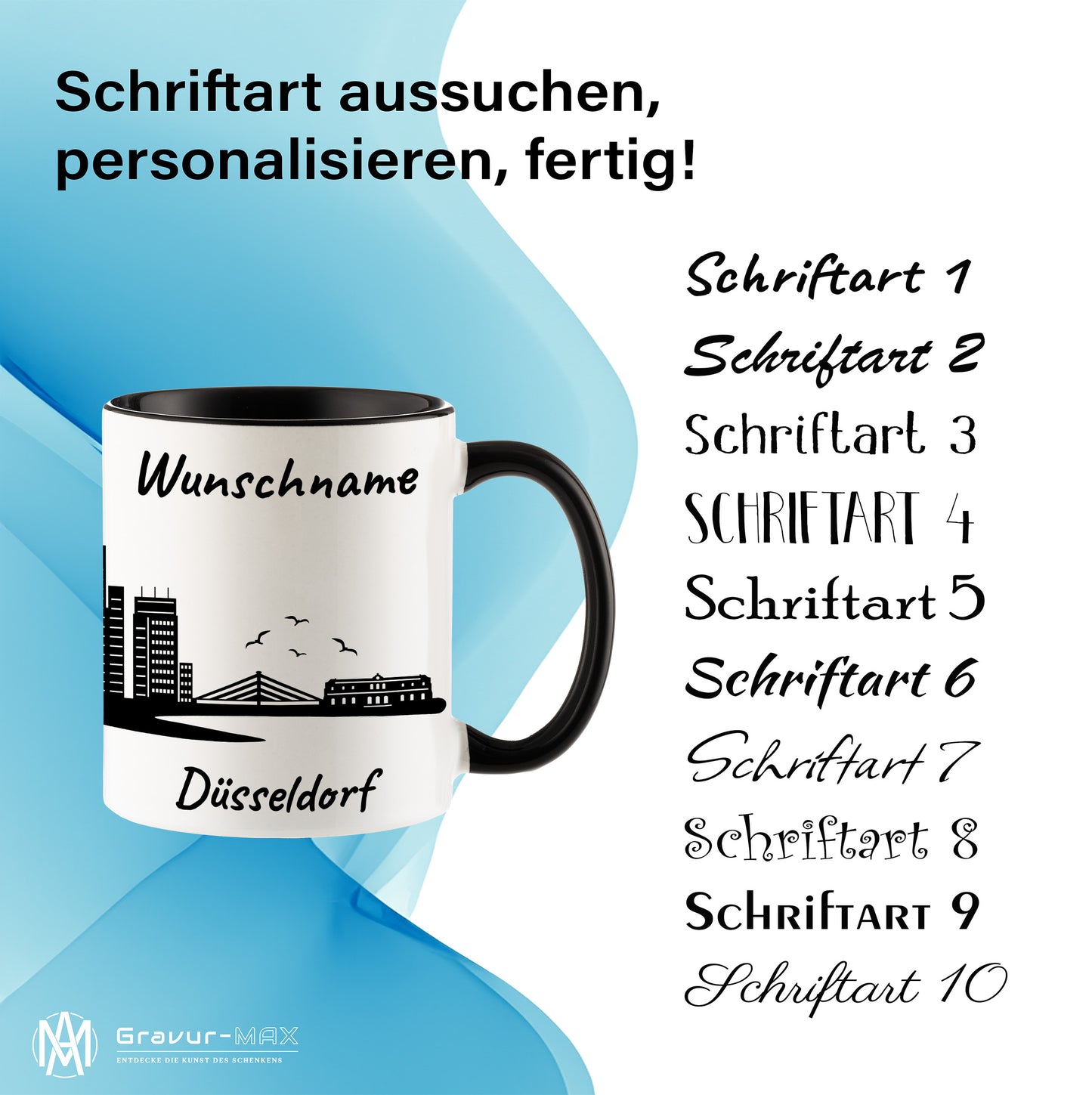 Tasse in Schwarz 330ml bedruckt mit der Skyline von Düsseldorf personalisierbar mit Wunschname