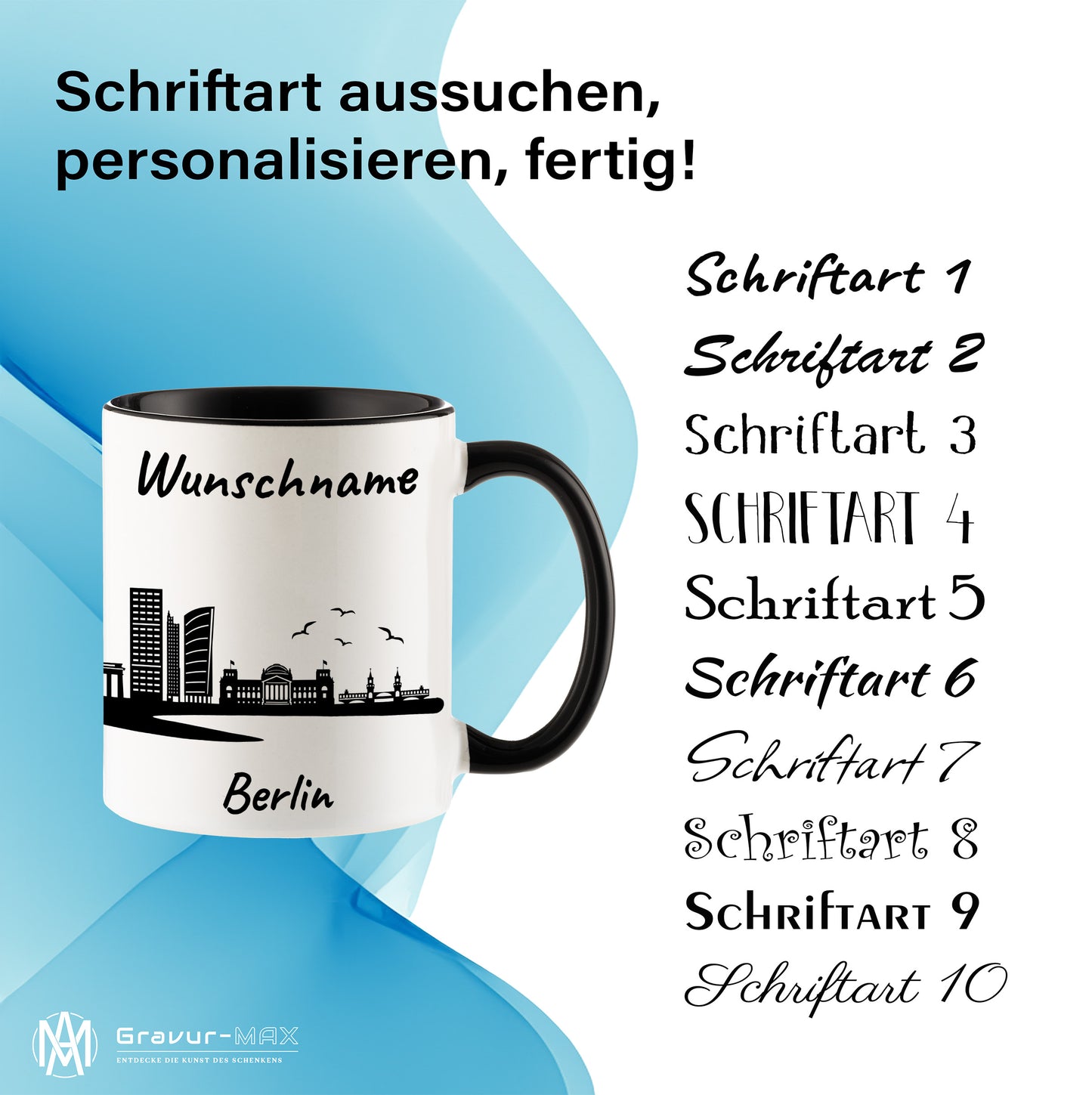 Tasse in Schwarz 330ml bedruckt mit der Skyline von Berlin personalisierbar mit Wunschname