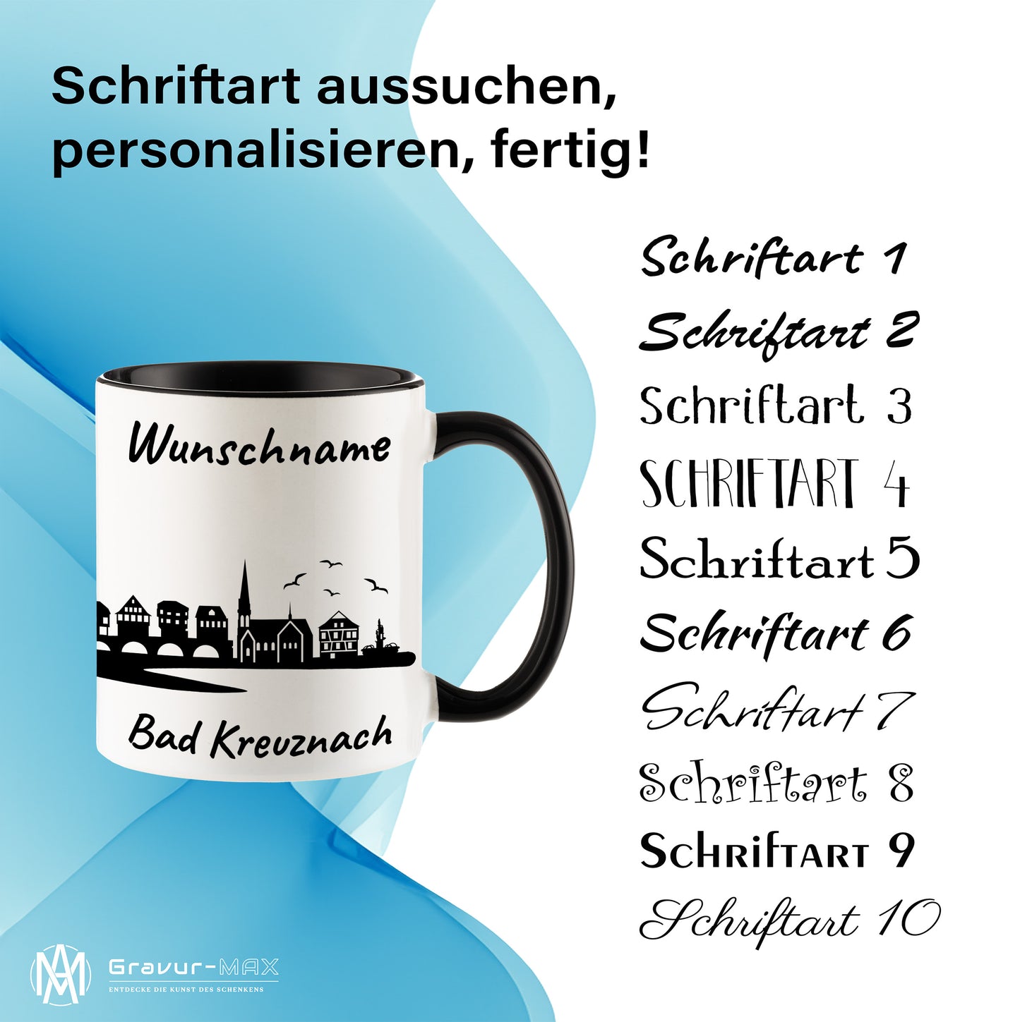 Tasse in Schwarz 330ml bedruckt mit der Skyline von Bad Kreuznach personalisierbar mit Wunschname