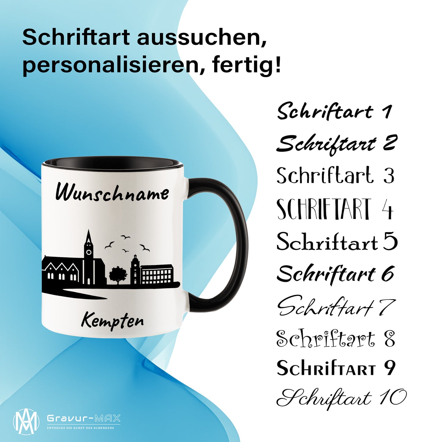 Tasse in Schwarz 330ml bedruckt mit der Skyline von Kempten personalisierbar mit Wunschname