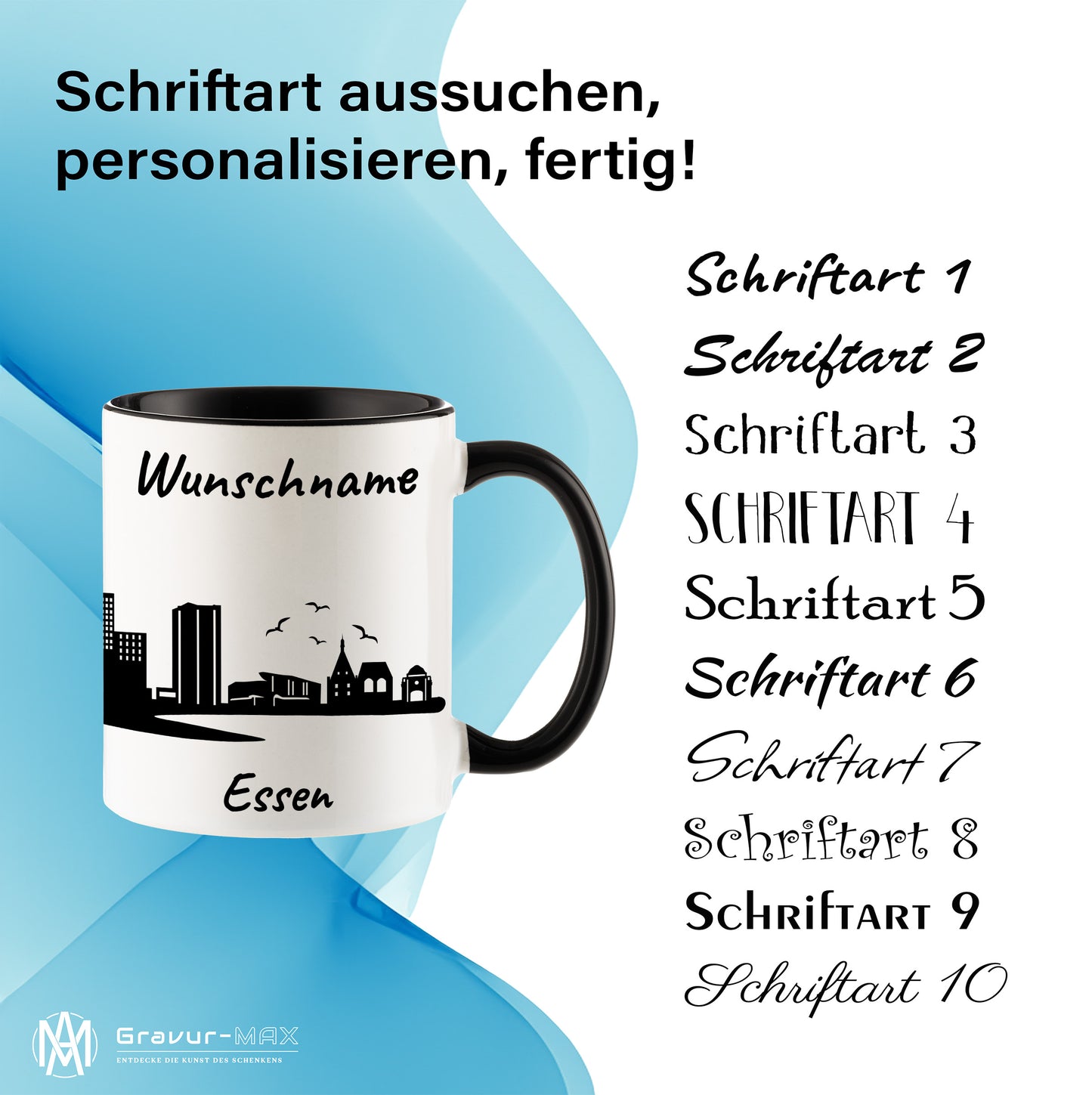Tasse in Schwarz 330ml bedruckt mit der Skyline von Essen personalisierbar mit Wunschname