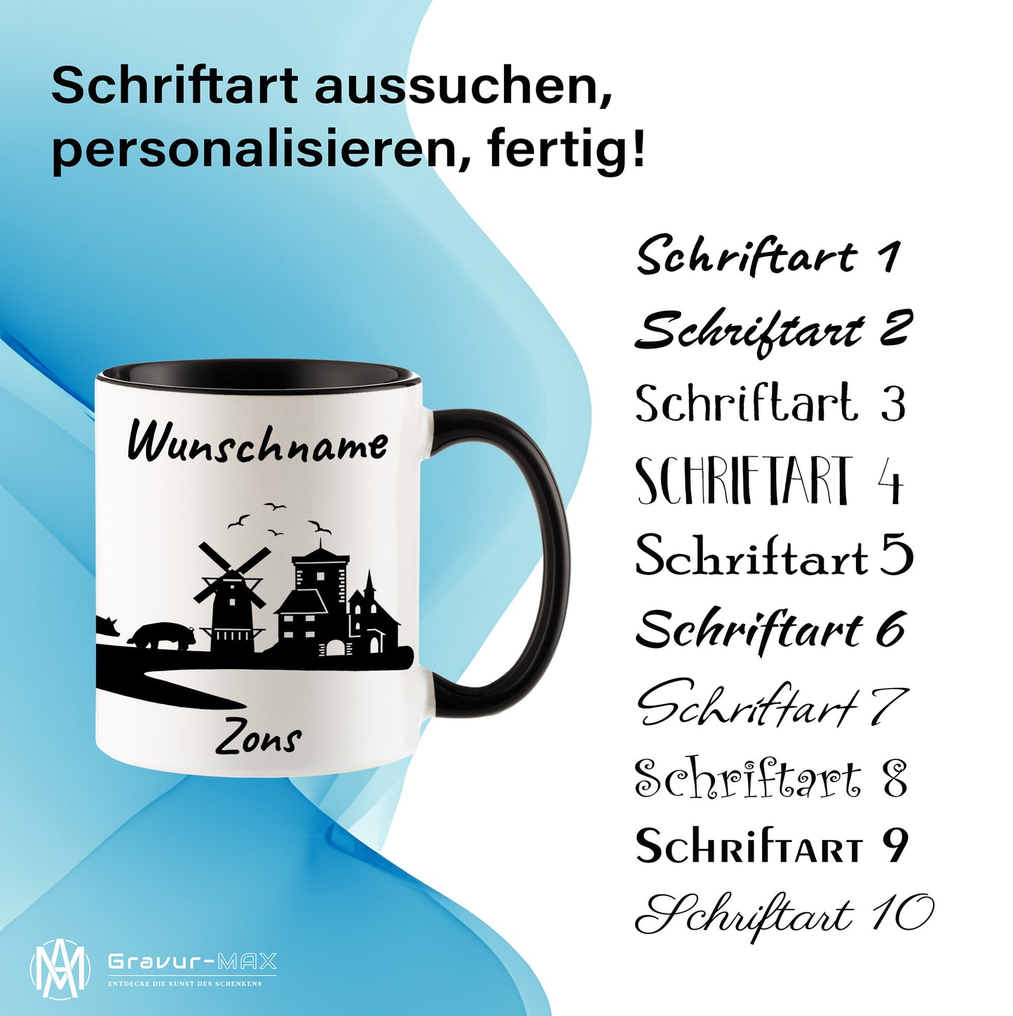 Tasse in Schwarz 330ml bedruckt mit der Skyline von Zons (Dormagen) personalisierbar mit Wunschname