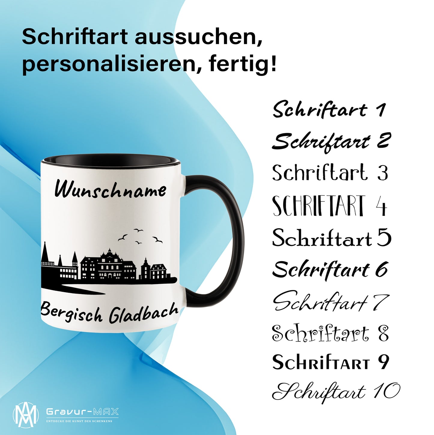 Tasse in Schwarz 330ml bedruckt mit der Skyline von Bergisch Gladbach personalisierbar mit Wunschname