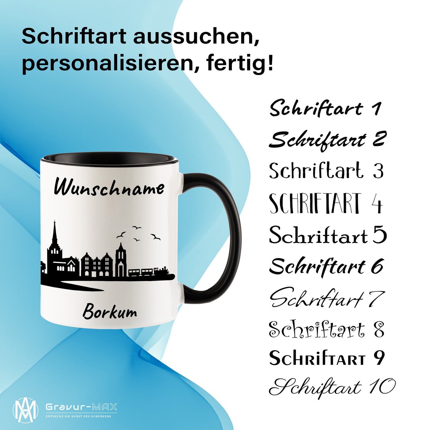 Tasse in Schwarz 330ml bedruckt mit der Skyline von Borkum personalisierbar mit Wunschname
