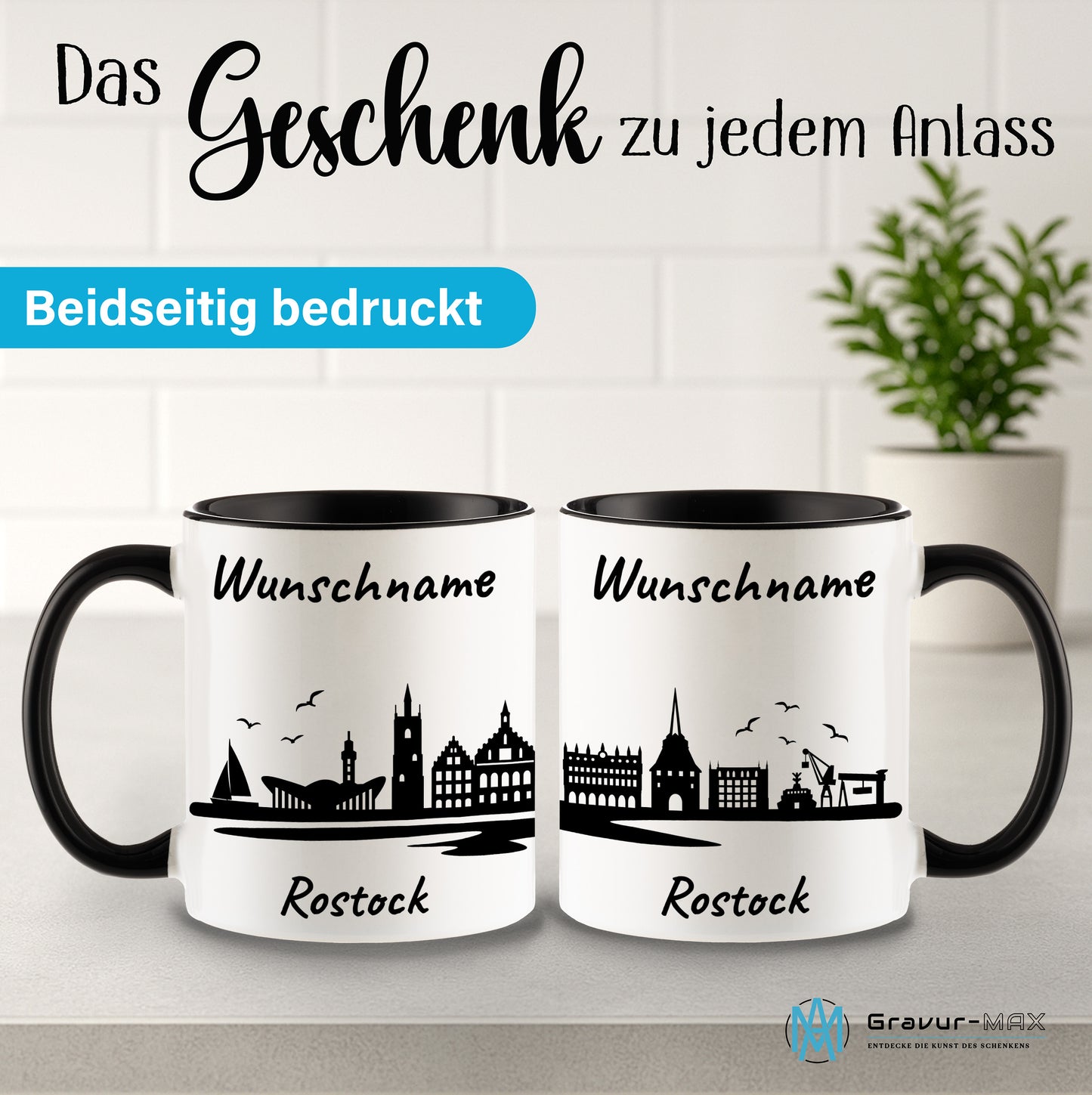 Tasse in Schwarz 330ml bedruckt mit der Skyline von Rostock personalisierbar mit Wunschname