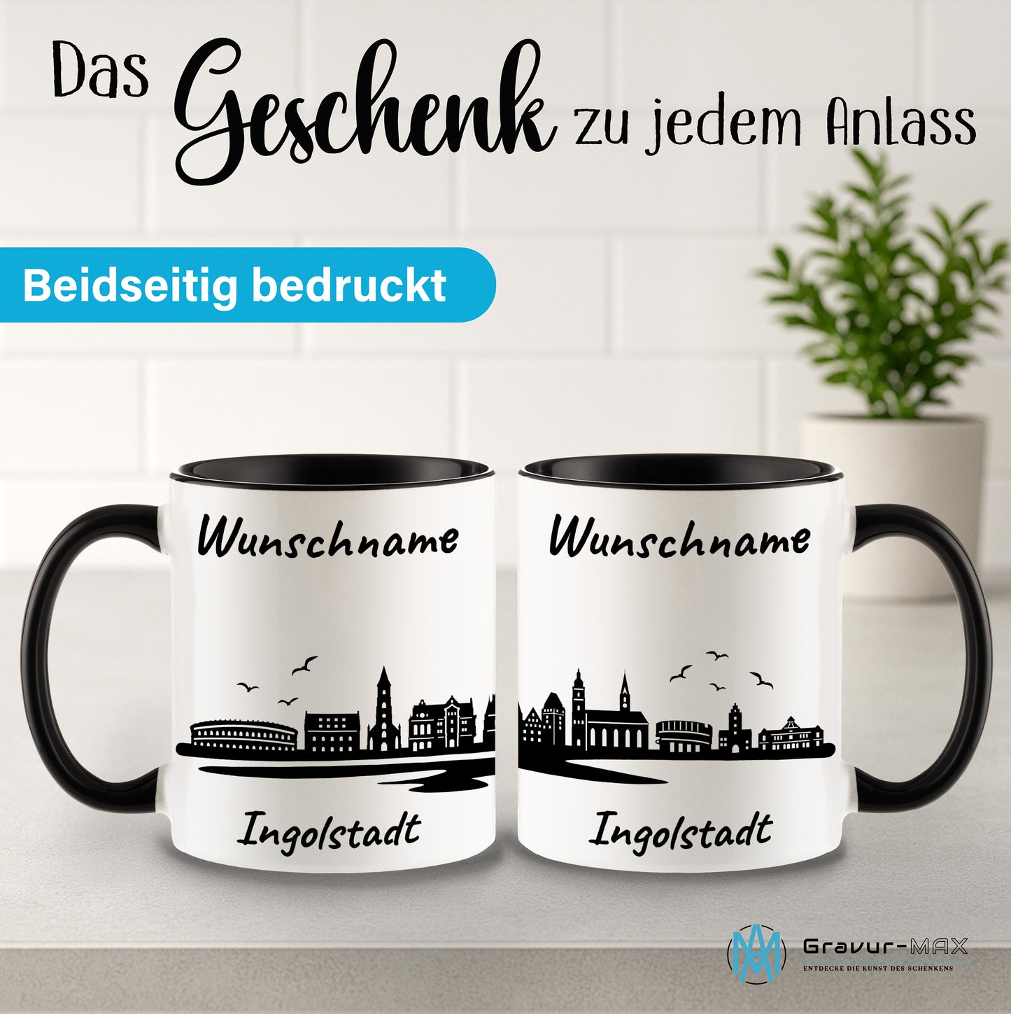 Tasse in Schwarz 330ml bedruckt mit der Skyline von Ingolstadt personalisierbar mit Wunschname