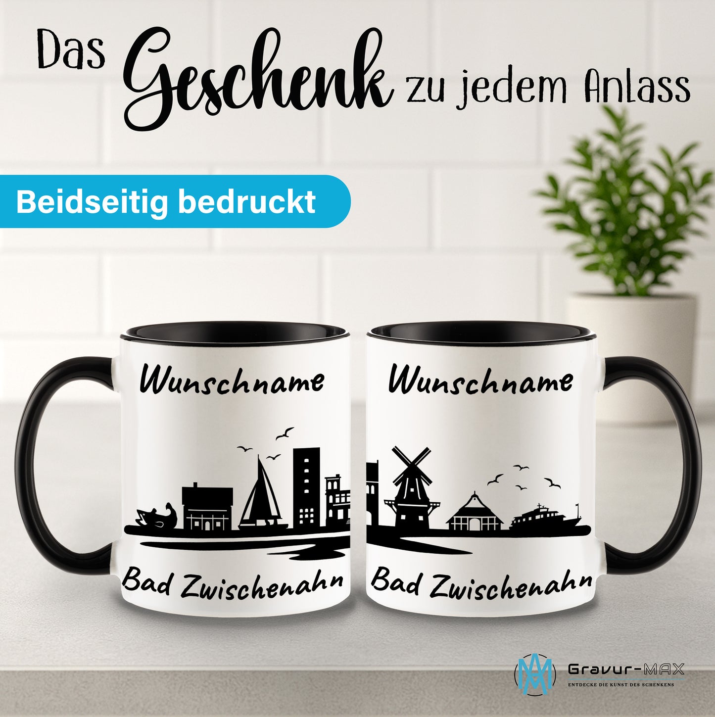 Tasse in Schwarz 330ml bedruckt mit der Skyline von Bad Zwischenahn personalisierbar mit Wunschname