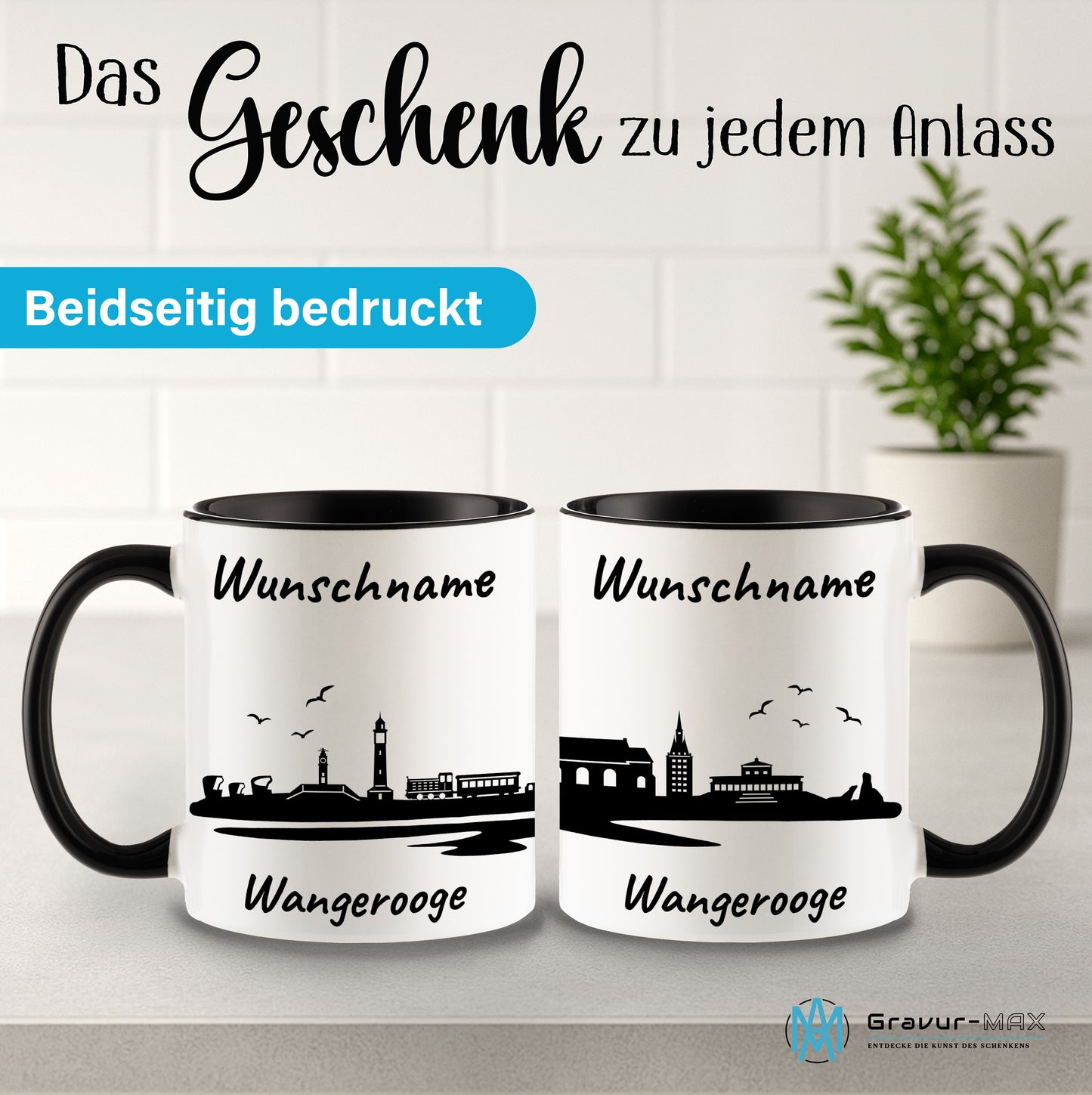 Tasse in Schwarz 330ml bedruckt mit der Skyline von Wangerooge personalisierbar mit Wunschname