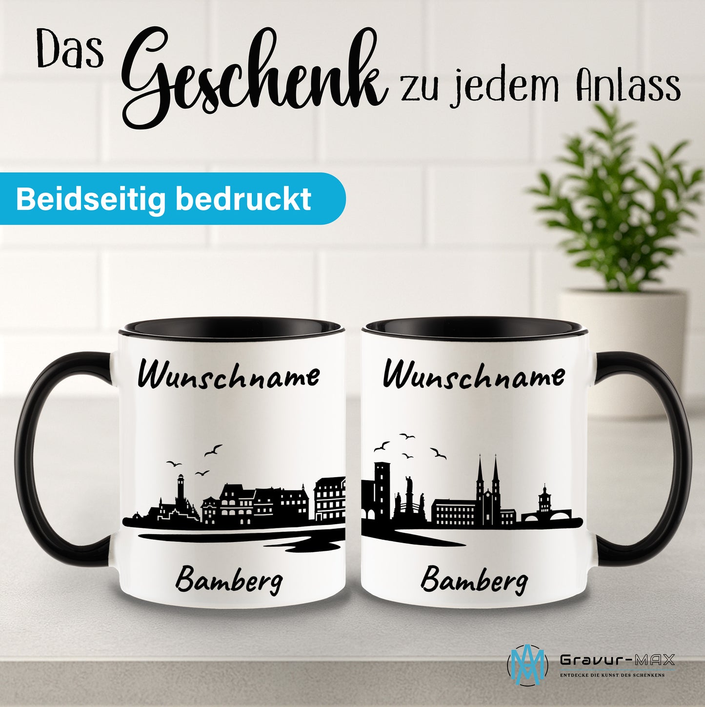 Tasse in Schwarz 330ml bedruckt mit der Skyline von Bamberg personalisierbar mit Wunschname