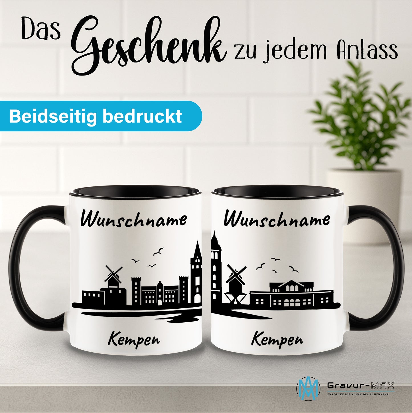 Tasse in Schwarz 330ml bedruckt mit der Skyline von Kempen personalisierbar mit Wunschname