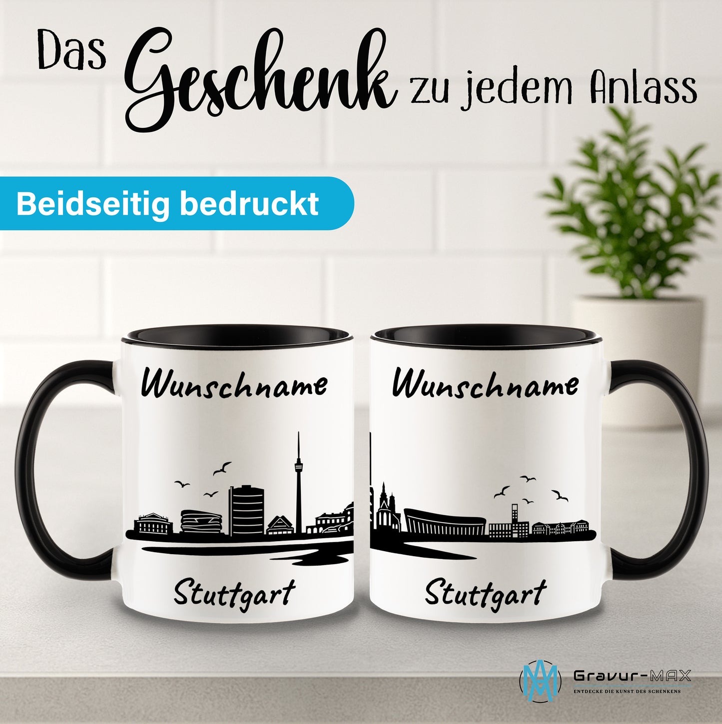 Tasse in Schwarz 330ml bedruckt mit der Skyline von Stuttgart personalisierbar mit Wunschname