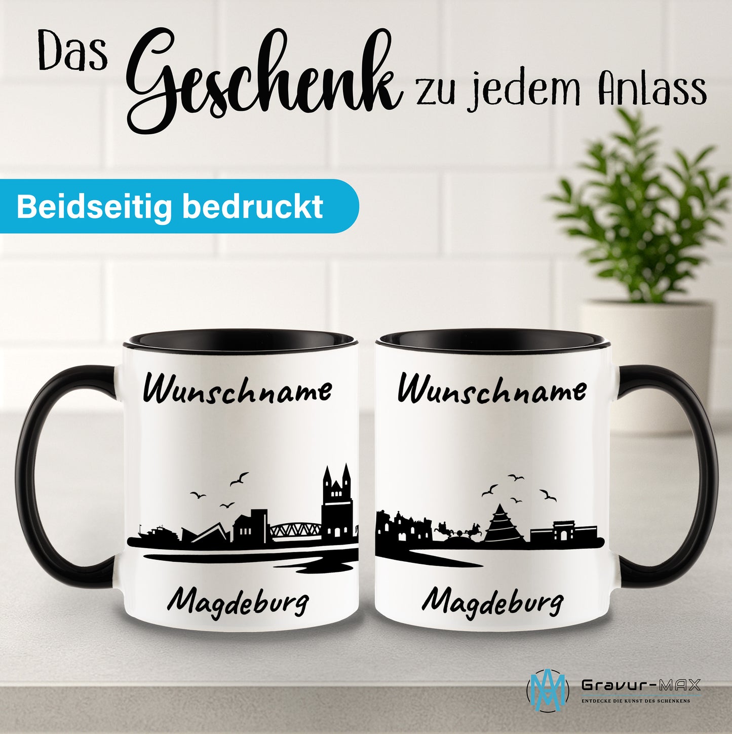 Tasse in Schwarz 330ml bedruckt mit der Skyline von Magdeburg personalisierbar mit Wunschname