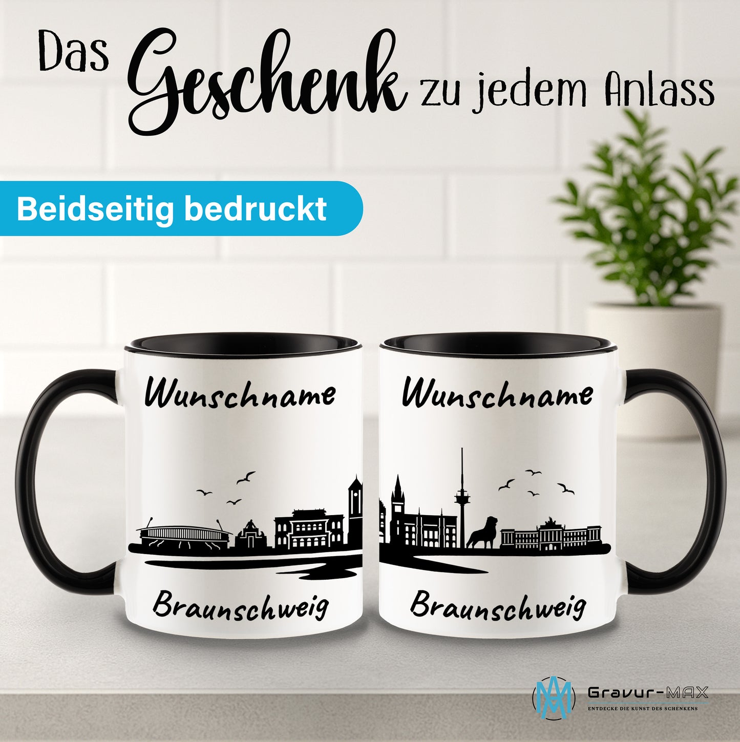 Tasse in Schwarz 330ml bedruckt mit der Skyline von Braunschweig personalisierbar mit Wunschname
