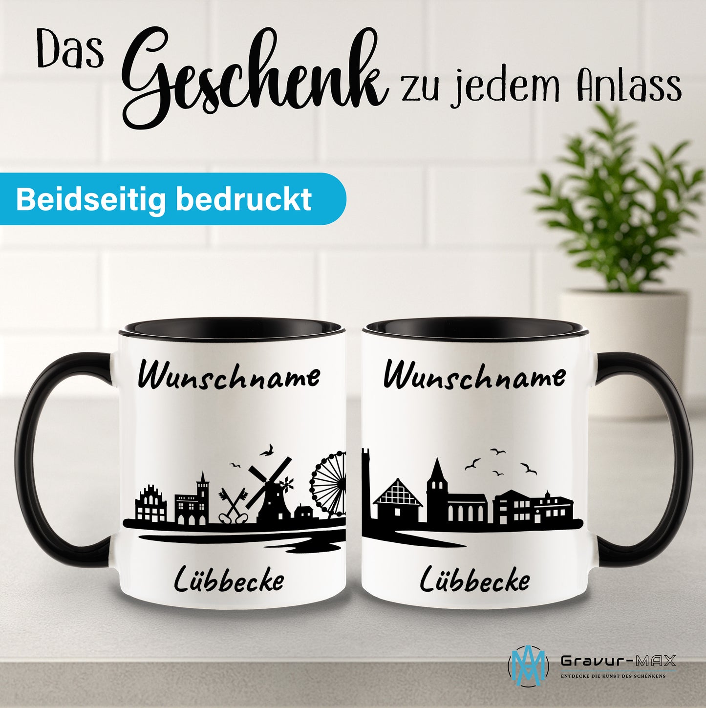 Tasse in Schwarz 330ml bedruckt mit der Skyline von Lübbecke personalisierbar mit Wunschname